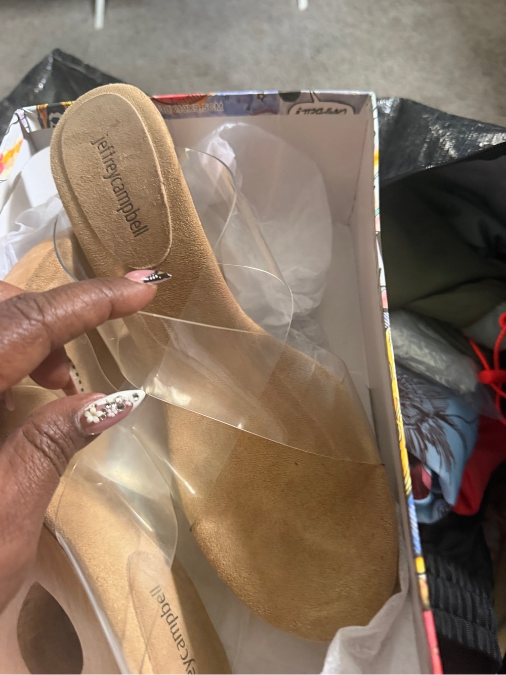 Jeffrey Campbell Clear Strap Tan Slide Sandals